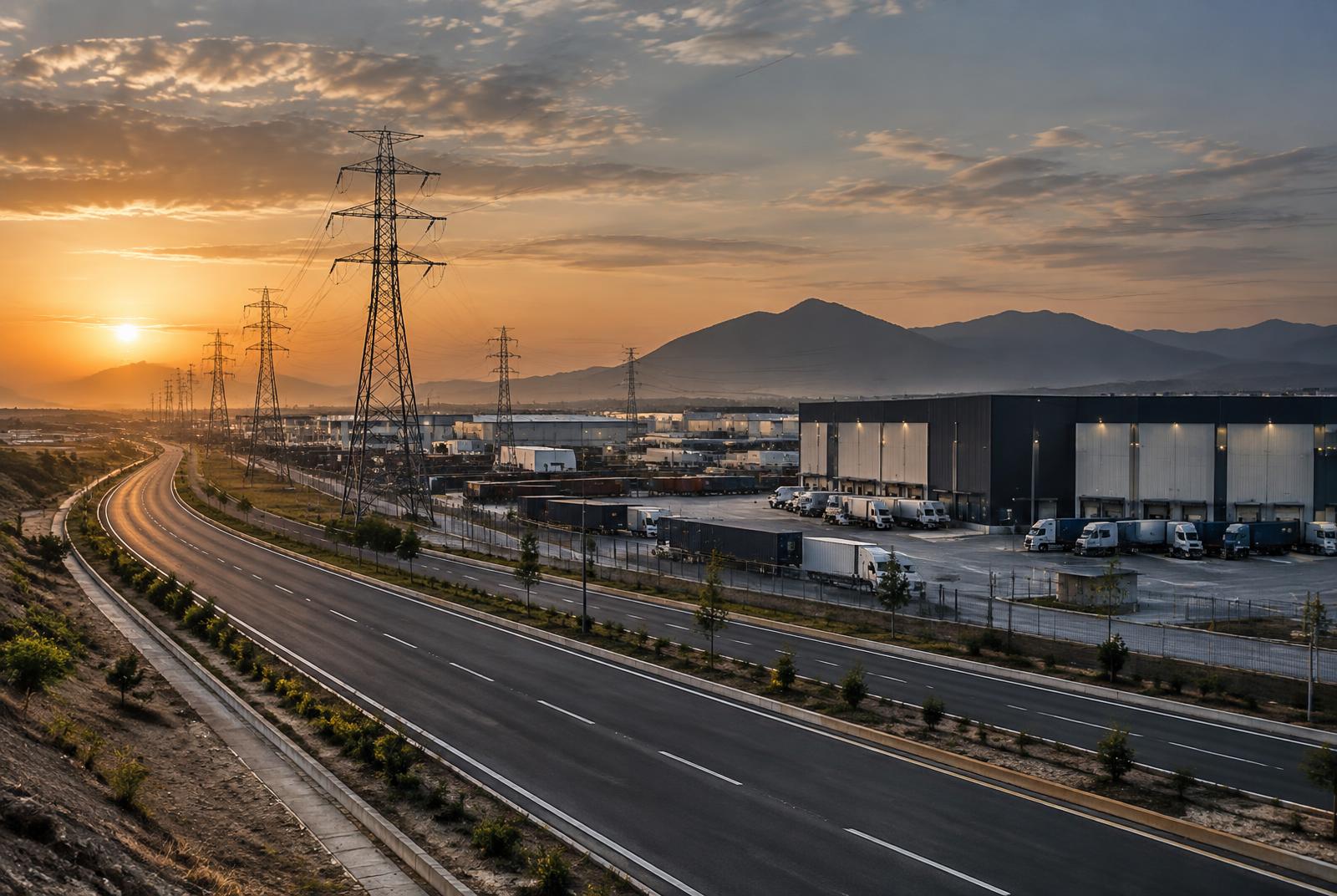 Road corridor, power lines and logistics warehouses supporting infrastructure development